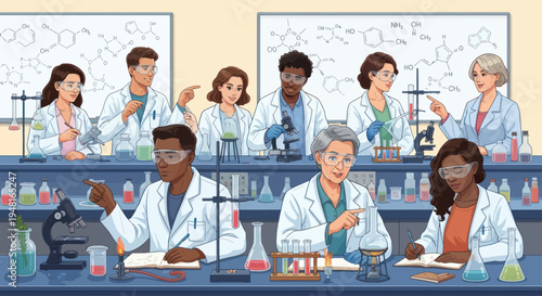 Diverse scientists collaborating in a modern laboratory, conducting research and experiments