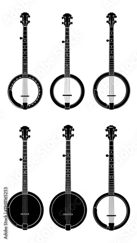 Six Banjo Silhouettes Isolated on White Background