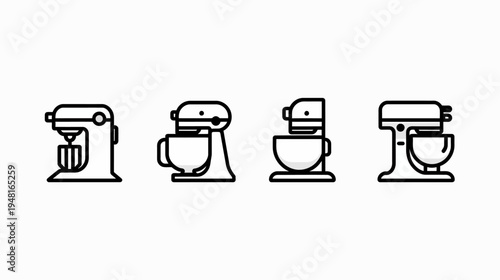 Row of simplified, bold-outlined stand mixers on a blank background, rendered in monotone