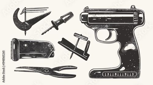 Collection of vintage tools in a distressed, monochrome line drawing on a pale background