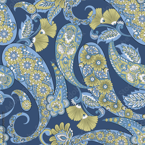 Floral seamless pattern with paisley ornament. Vector illustration in asian textile style
