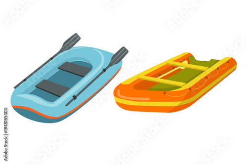 Colorful vector illustration showing two inflatable boats with oars. Ideal for recreational water sports, summer adventures, outdoor leisure, and travel on lakes and rivers