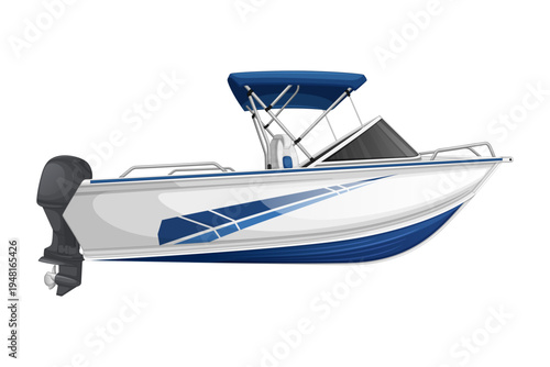 Modern motorboat with powerful outboard engine and blue accents, perfect for water sports and leisure trips on the sea or lake