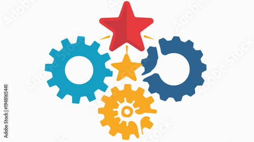 Colorful gears with a red star on top, graphic illustration on a white backdrop