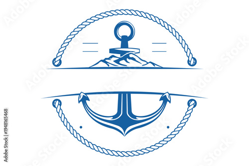Nautical Anchor and Mountain Emblem with Rope Border - Maritime and Adventure Symbolism