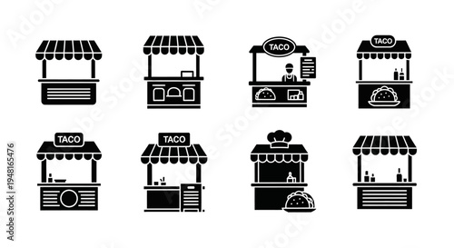 Street Food Kiosk Icons: Tacos, Vendor, Stall, Market Stand Collection