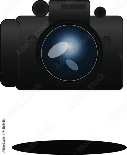 Realistic black camera icon with glossy lens reflection, modern photography symbol, digital camera logo vector illustration isolated.