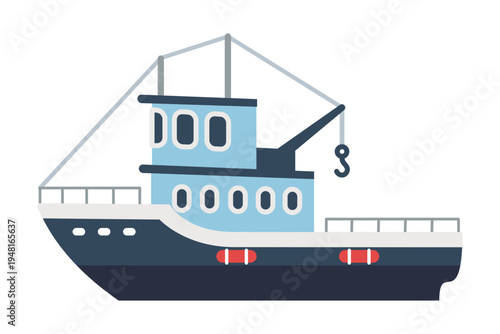 Detailed flat vector illustration of a fishing trawler boat, suitable for marine transport and commercial seafood industry themes, clean graphic design element