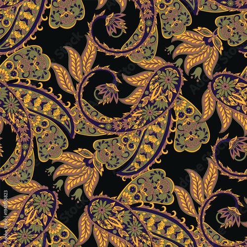 Turkish Cucumber Paisley. Seamless vector pattern in traditional oriental style with flowers, leaves and fantasy elements. Fabric and wallpaper cover