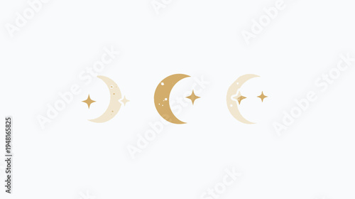 Three crescent moons and stars in muted gold, simple, minimalist design on white