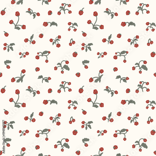 Seamless berry pattern with small red raspberries and green leaves on a light background. Cute summer doodle background for textiles, food packaging, children's clothing, and culinary decor.