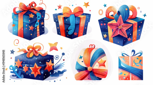 Six watercolor present illustrations, ribbons and stars, shades of blue, orange, and red