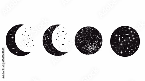Four moon phases in black ink with scattered stars, against a stark white background