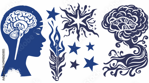 Illustration of profile with brain, celestial design, and brain-tree in navy on white