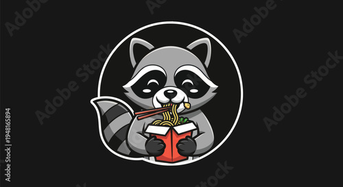 Cartoon raccoon enjoying noodles