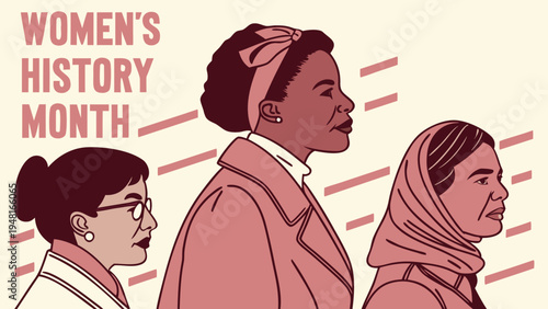 Celebrating Women's History Month with a diverse group of women standing together, honoring their achievements and contributions