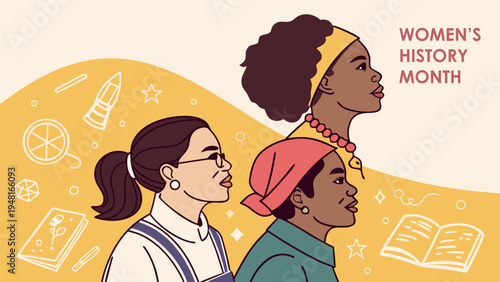 Celebrating Women's History Month with diverse women depicted in a vibrant illustration