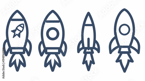 Four stylized, outlined rocket icons in blue, each with a different design