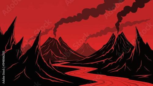 Volcanic Landscape with Lava River and Smoke