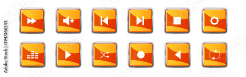Orange glossy media player button set with play, pause, stop, rewind, fast forward, eject, shuffle, and volume icons, modern UI vector collection isolated on light background