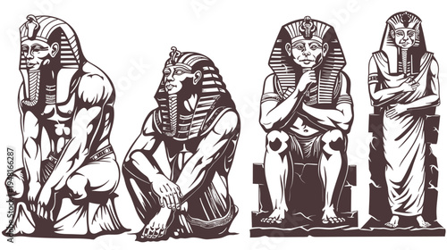 Line drawing of four ancient Egyptian figures, stylized and seated or standing