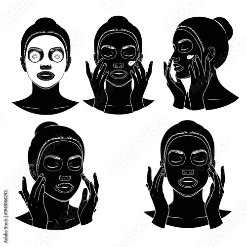 Woman Applying Face Mask Set: Skincare Routine Steps