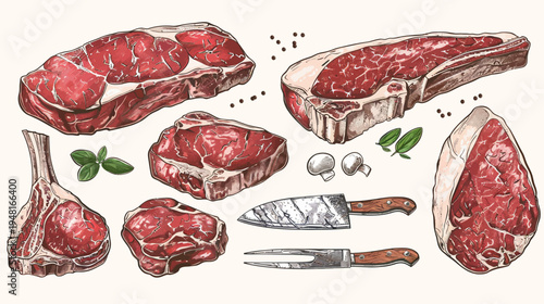 Assortment of raw, marbled steaks with a knife, fork, basil, peppercorns and mushrooms