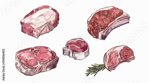 Watercolor illustration of various raw meat cuts arranged on a white background