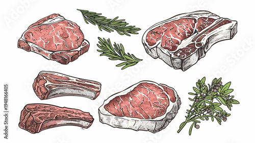 Steaks and sprigs are spread out on white backdrop in a detailed hand-drawn illustration