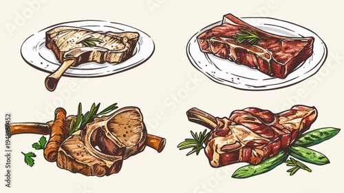 Four cuts of meat with herbs and vegetables. Hand-drawn vector illustration