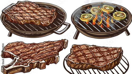 Grilled food graphic featuring steaks and jalape?o poppers with charcoal grill designs