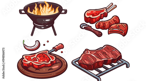 Cartoon illustration showing barbecue and steak, ribs, and wooden board on white background