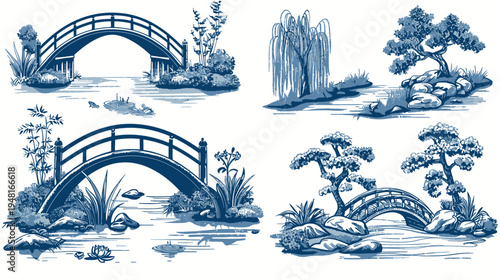 Four sketched blue scenes with bridges, trees, rocks, and water. Serene illustration