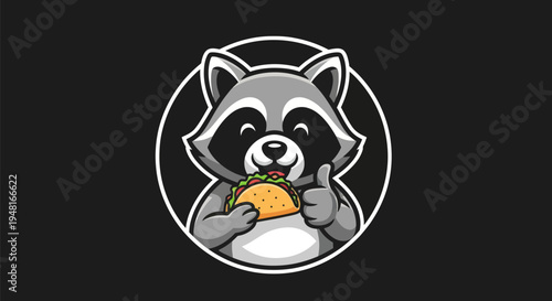 Cartoon raccoon holding food and giving thumbs up