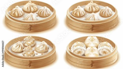Four steamer baskets, each with a different variety of savory dumplings, flat lay