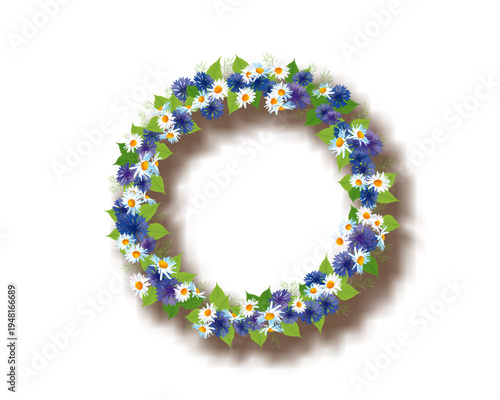 Spring floral wreath of blue cornflowers and white daisies with green leaves, circular botanical frame, soft shadow, and elegant blank center, decorative vector isolated on light background