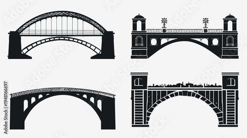 Four unique bridge silhouettes against a white backdrop in a vector art style