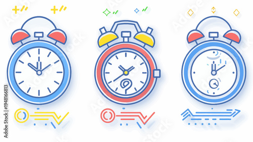 Three alarm clocks stylized with blue outlines and added graphic elements below them
