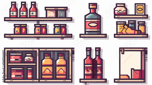 Stylized shelves with bottles and jars. Blocky art style with heavy outlines and flat color
