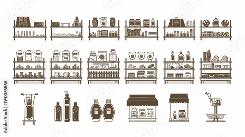 Assorted illustrations of retail store shelves, displays, carts, in sketched brown lines