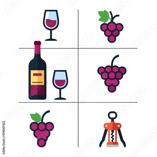 Wine Bottle Grapes Glasses and Corkscrew Tic Tac Toe Grid.