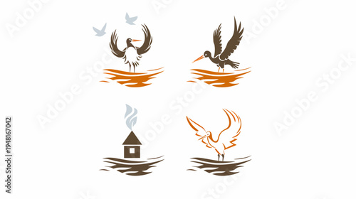 Four stylized vignettes birds on water, and a house with chimney smoke, neutral palette