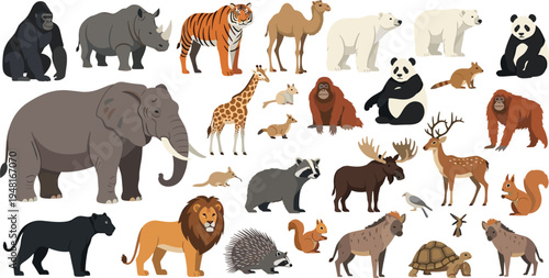 Wild Animals Collection with Elephant Lion Tiger Panda Giraffe Deer Gorilla Wildlife Vector Illustration Set