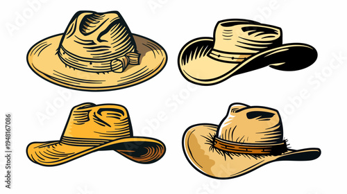 Four varied cowboy hats sketched in a cartoon style, each with unique designs and shading