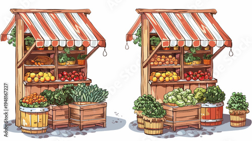 Two hand-drawn market stalls displaying fresh produce under striped awnings on a cobblestone street