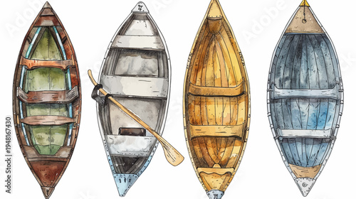 Watercolor illustration of four boats, each with a different color and style
