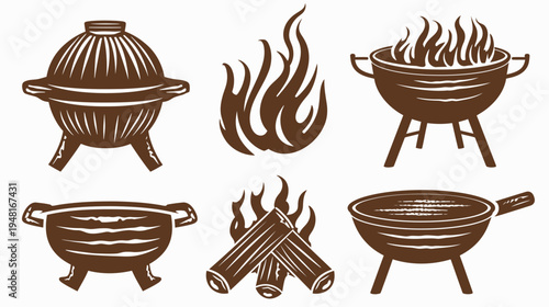 Brown outlined illustrations of barbeques and flames, set on a clean white backdrop