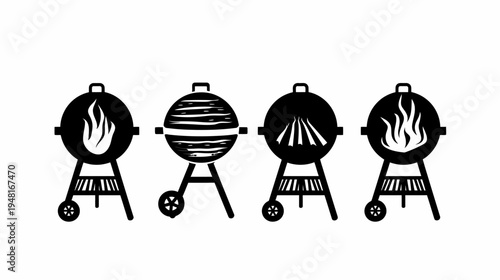 Four grill icons in black. Two have fire, one has grill bars. White background