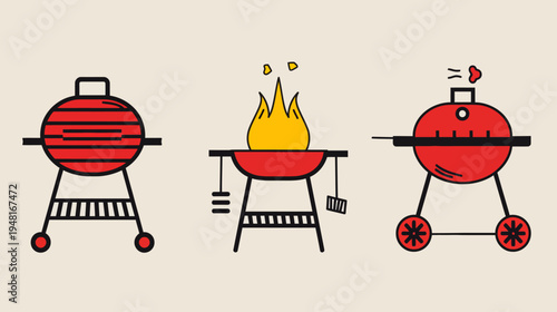 Line art depicting three grill variations, red and black on a neutral background