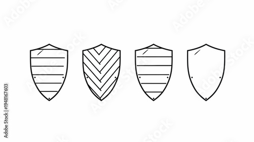Four shields in black outline with various fill styles arranged horizontally on white